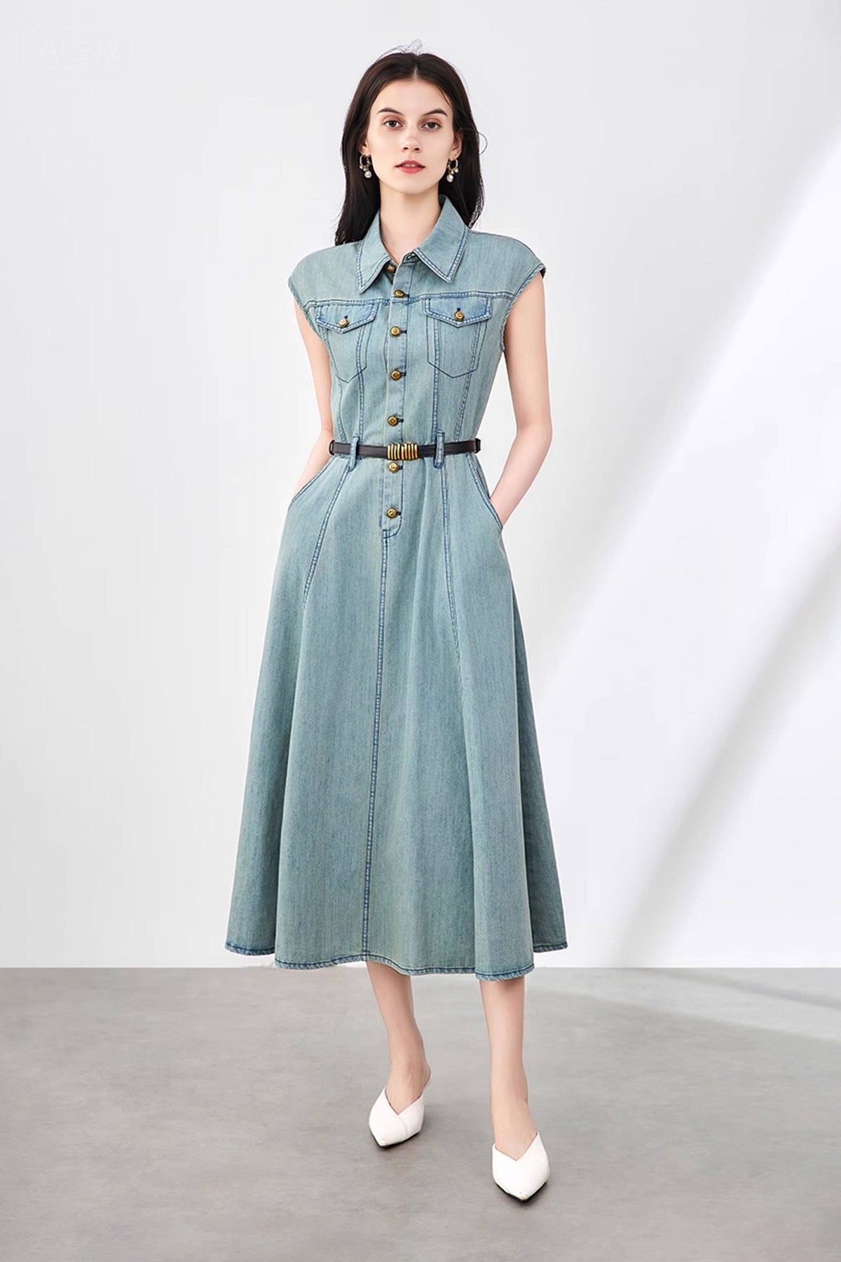 Vintage-Inspired Sleeveless Utility Denim Midi Dress Belt Not Included