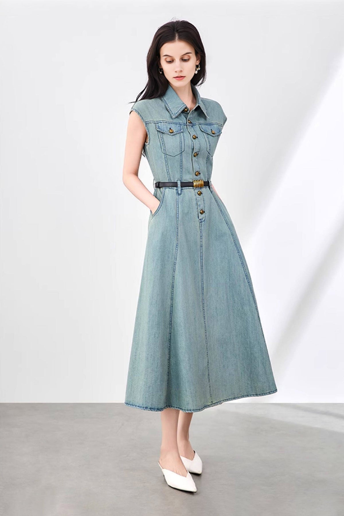 Vintage-Inspired Sleeveless Utility Denim Midi Dress Belt Not Included