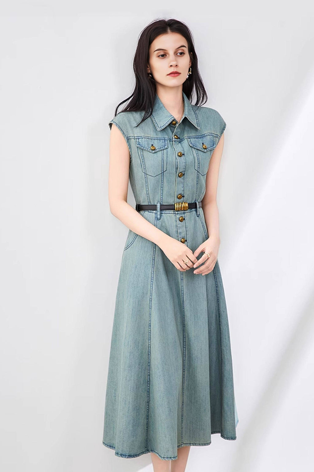 Vintage-Inspired Sleeveless Utility Denim Midi Dress Belt Not Included