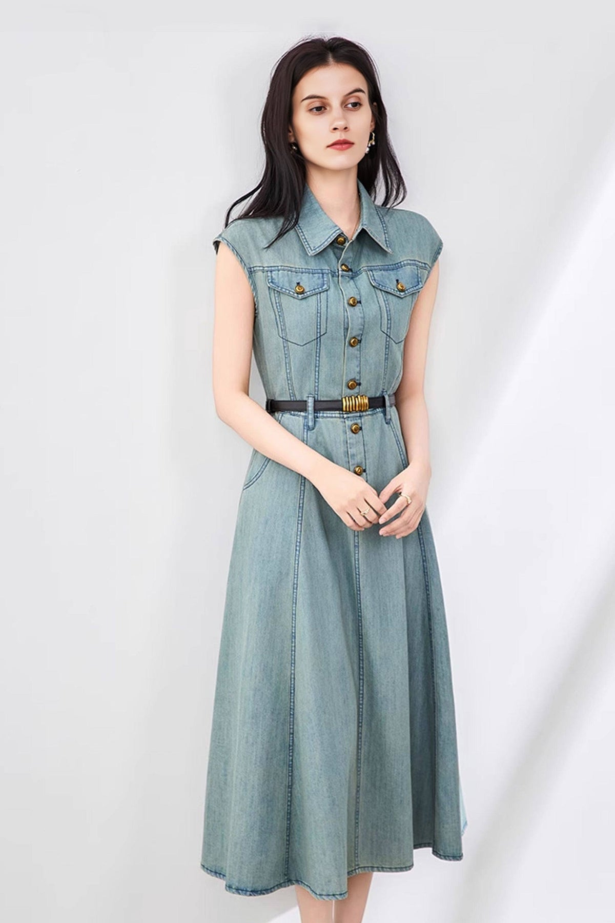 Vintage-Inspired Sleeveless Utility Denim Midi Dress Belt Not Included