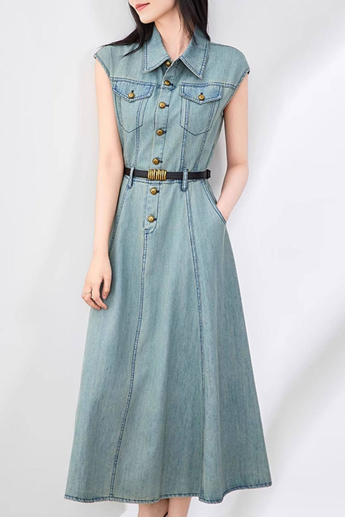 Vintage-Inspired Sleeveless Utility Denim Midi Dress Belt Not Included