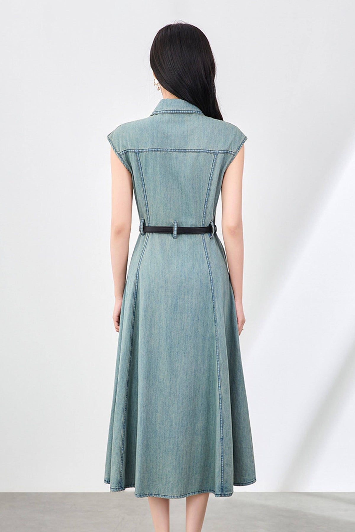 Vintage-Inspired Sleeveless Utility Denim Midi Dress Belt Not Included