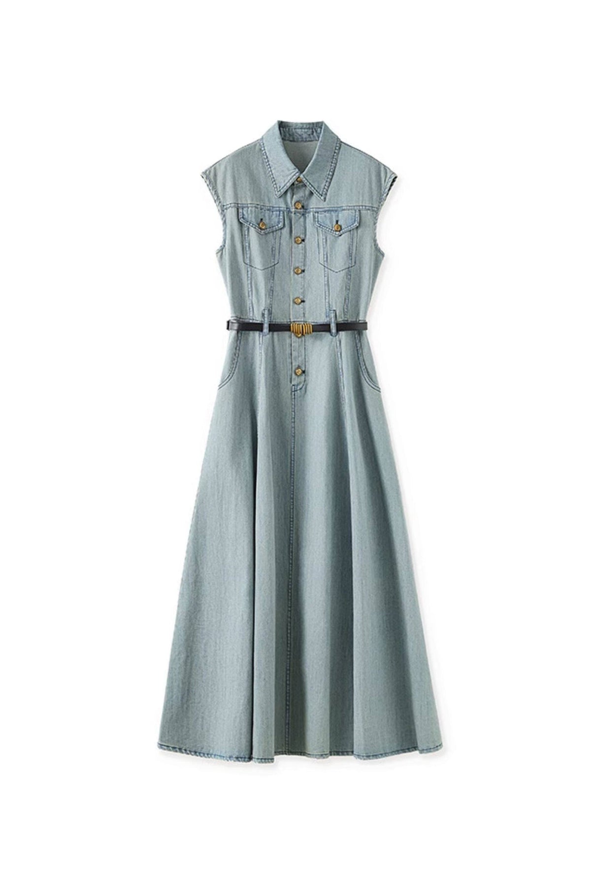 Vintage-Inspired Sleeveless Utility Denim Midi Dress Belt Not Included