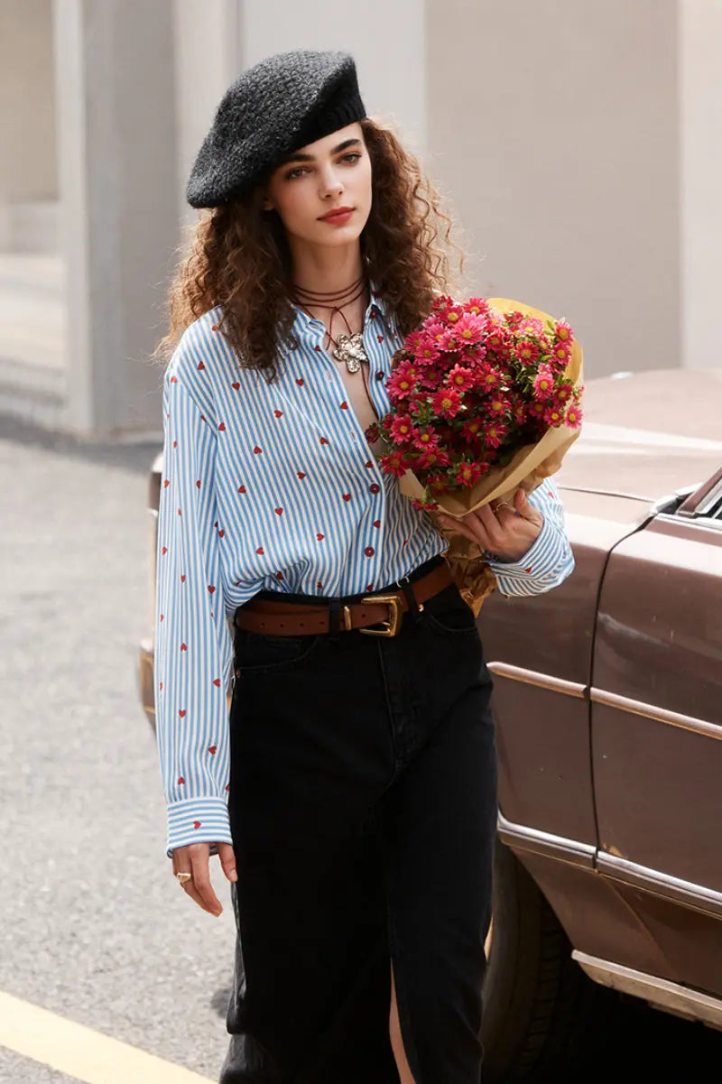 Vintage Silk Double Crepe Heart Striped Button-Up Shirt