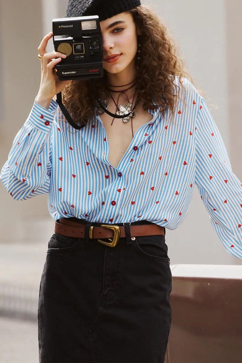 Vintage Silk Double Crepe Heart Striped Button-Up Shirt