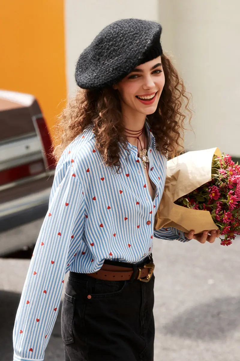 Vintage Silk Double Crepe Heart Striped Button-Up Shirt