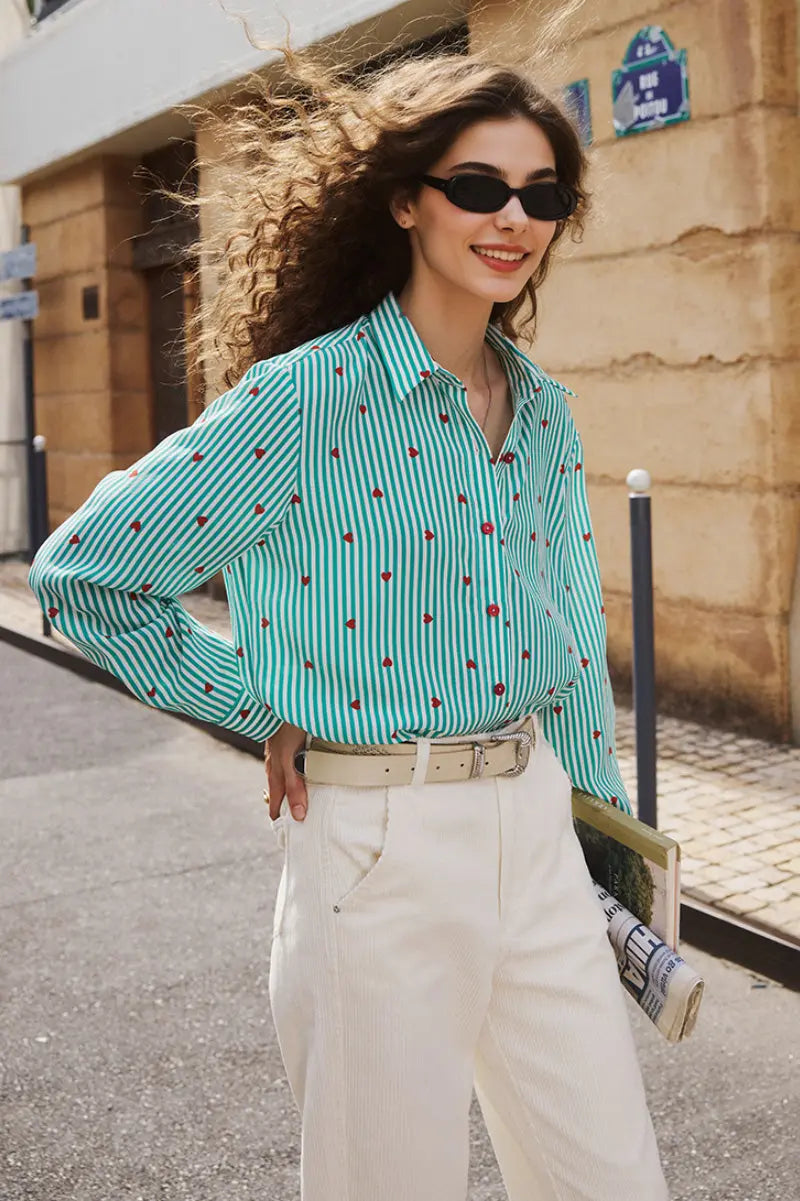 Vintage Silk Double Crepe Heart Striped Button-Up Shirt