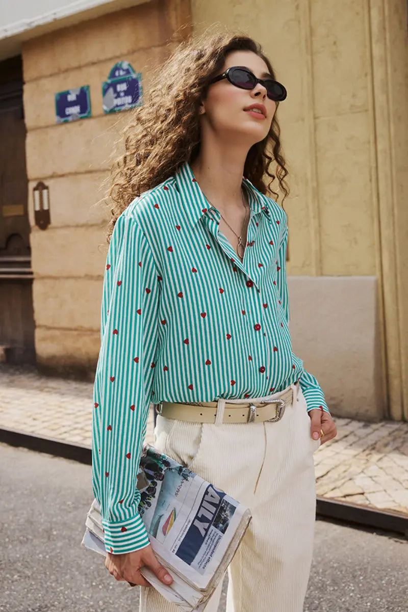 Vintage Silk Double Crepe Heart Striped Button-Up Shirt