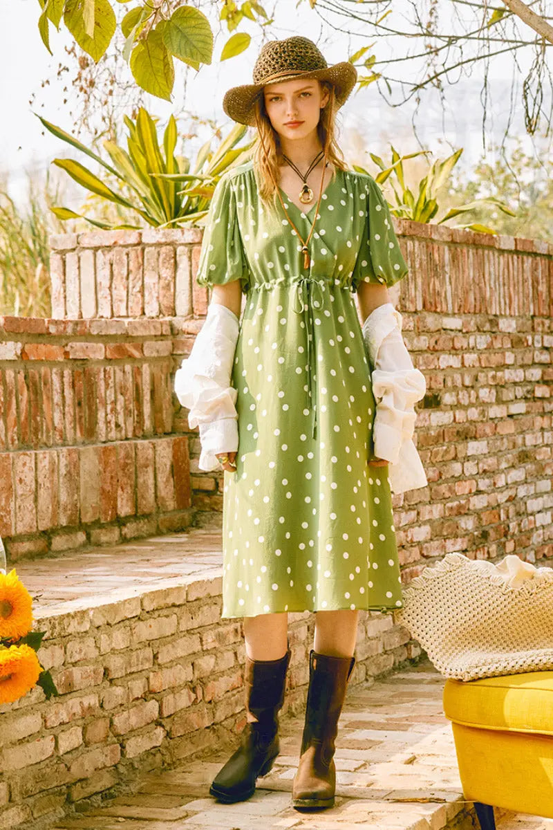 Vintage Silk Double Crepe Polka Dot Midi Dress in Green