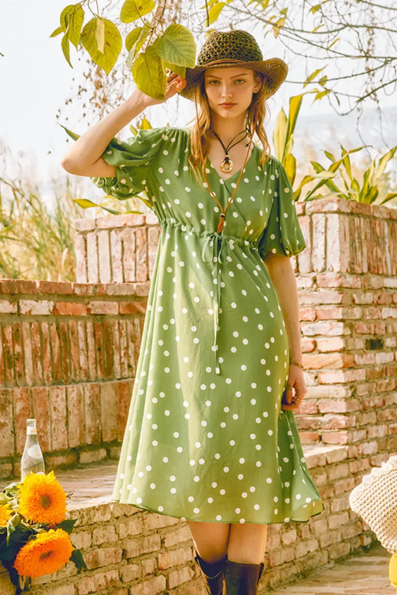 Vintage Silk Double Crepe Polka Dot Midi Dress in Green