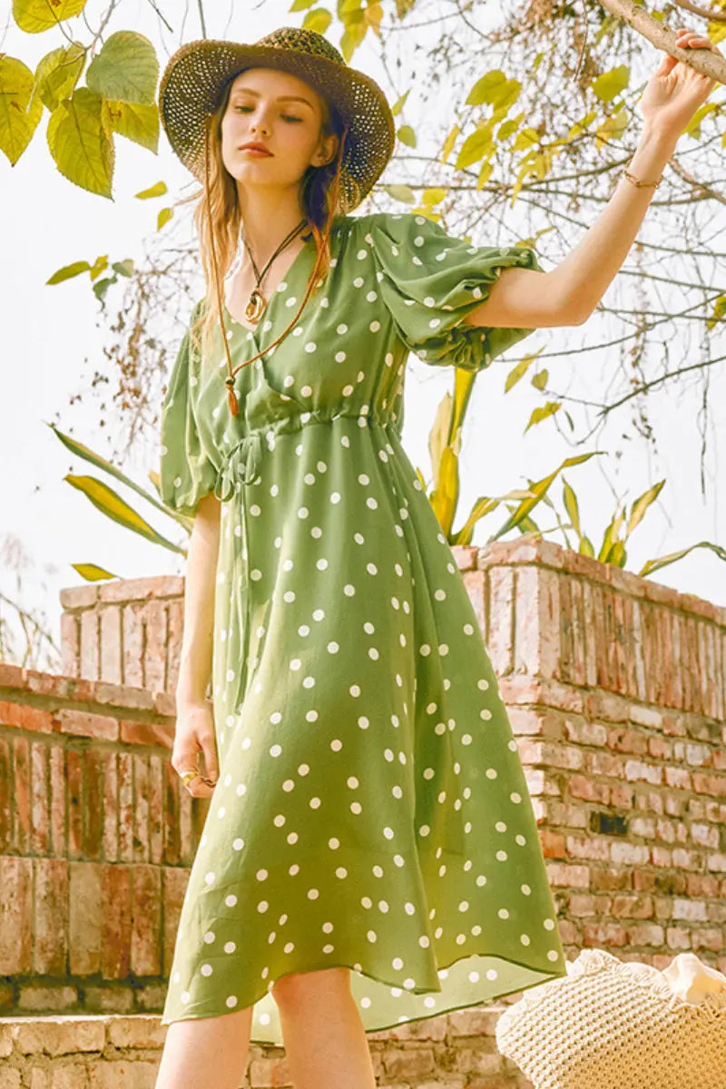 Vintage Silk Double Crepe Polka Dot Midi Dress in Green