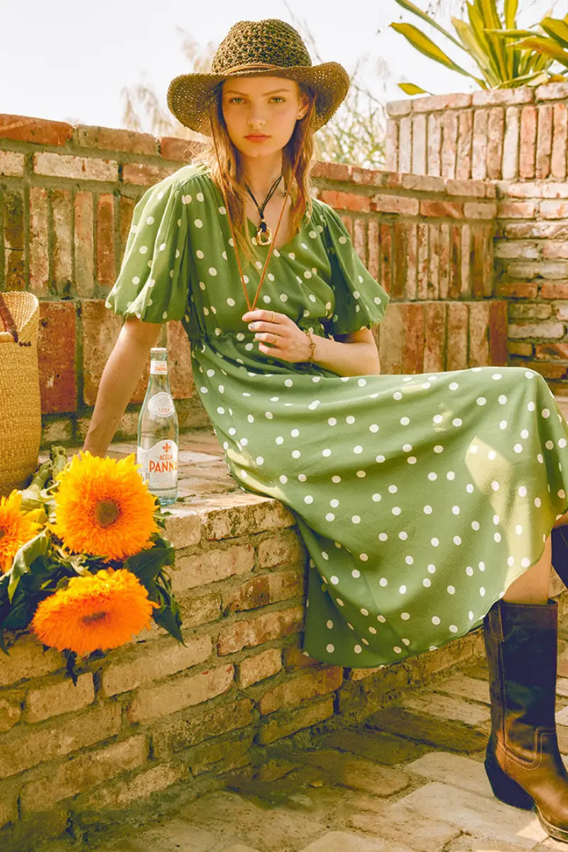 Vintage Silk Double Crepe Polka Dot Midi Dress in Green