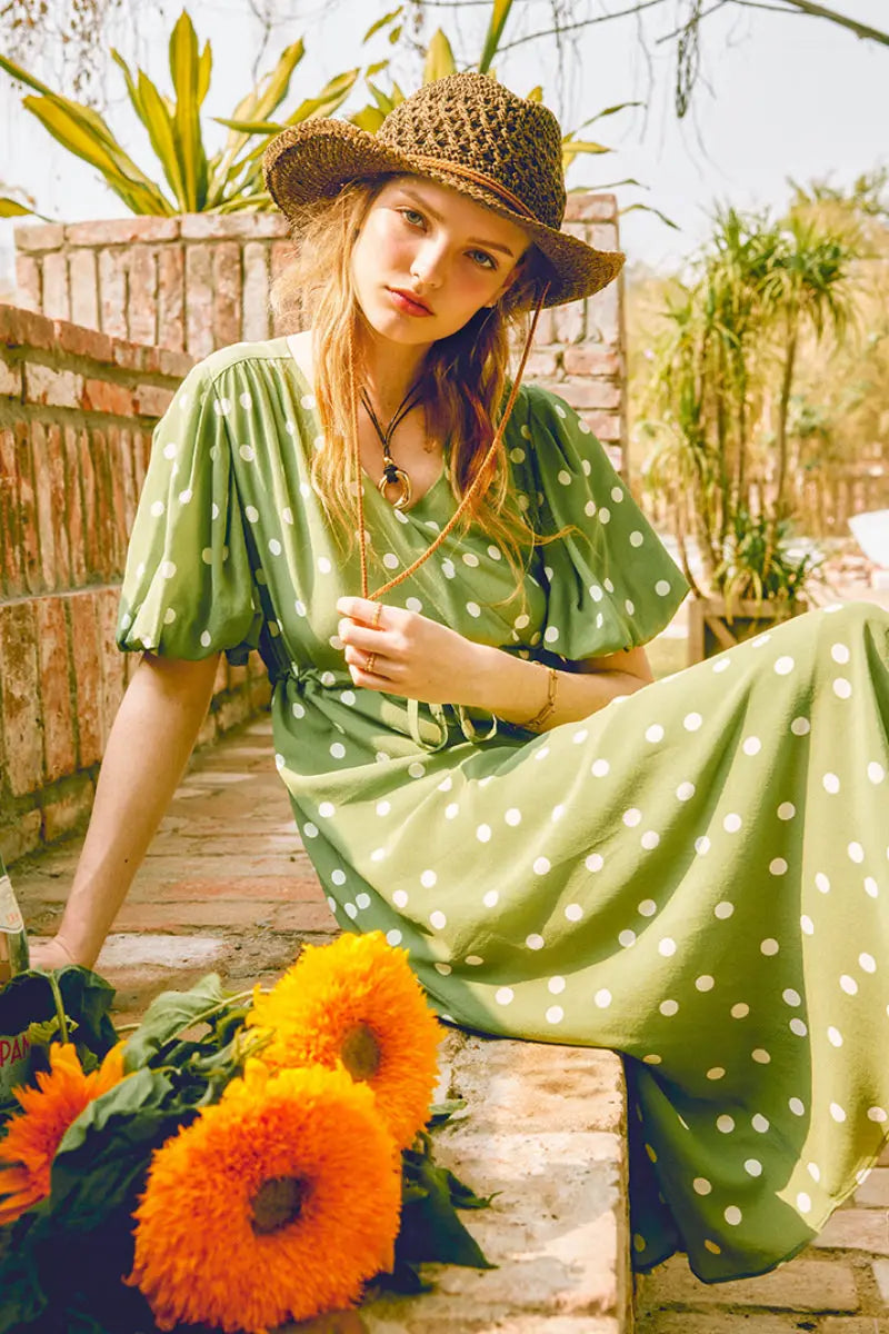 Vintage Silk Double Crepe Polka Dot Midi Dress in Green