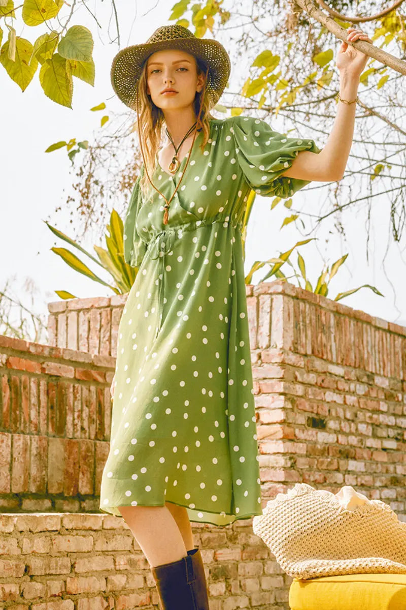 Vintage Silk Double Crepe Polka Dot Midi Dress in Green