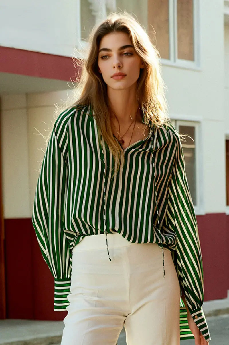Vintage Silk Double Crepe Tie-Neck Printed Blouson Blouse