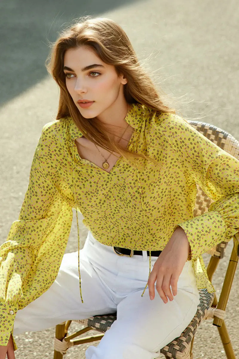 Vintage Silk Double Crepe Tie-Neck Printed Blouson Blouse