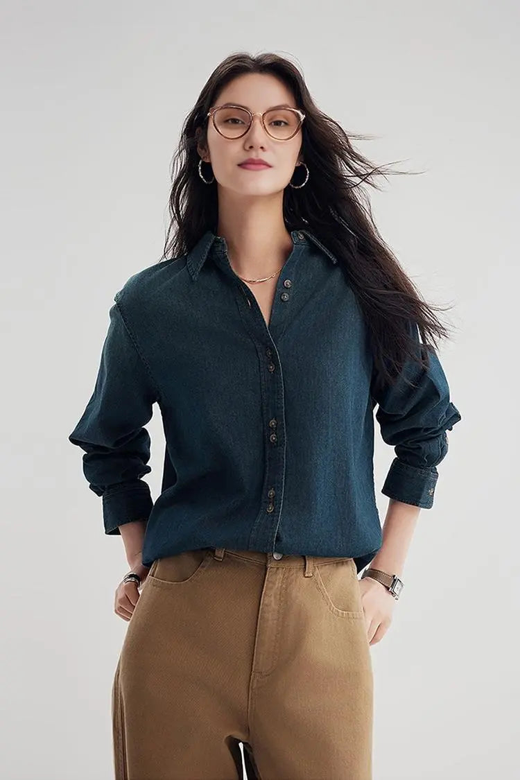 Vintage Washed Denim Shirt with Double Button Design
