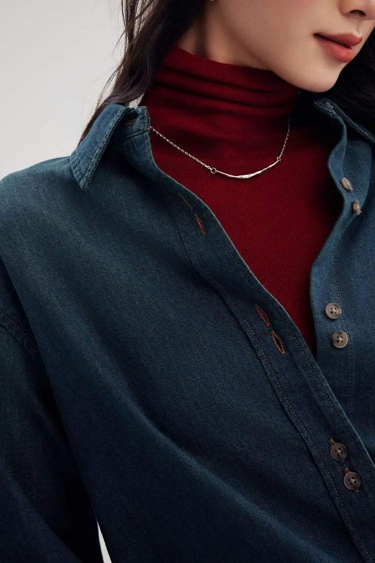 Vintage Washed Denim Shirt with Double Button Design