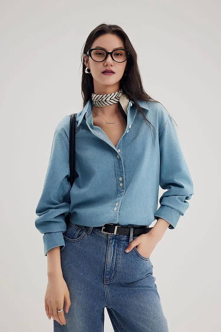 Vintage Washed Denim Shirt with Double Button Design