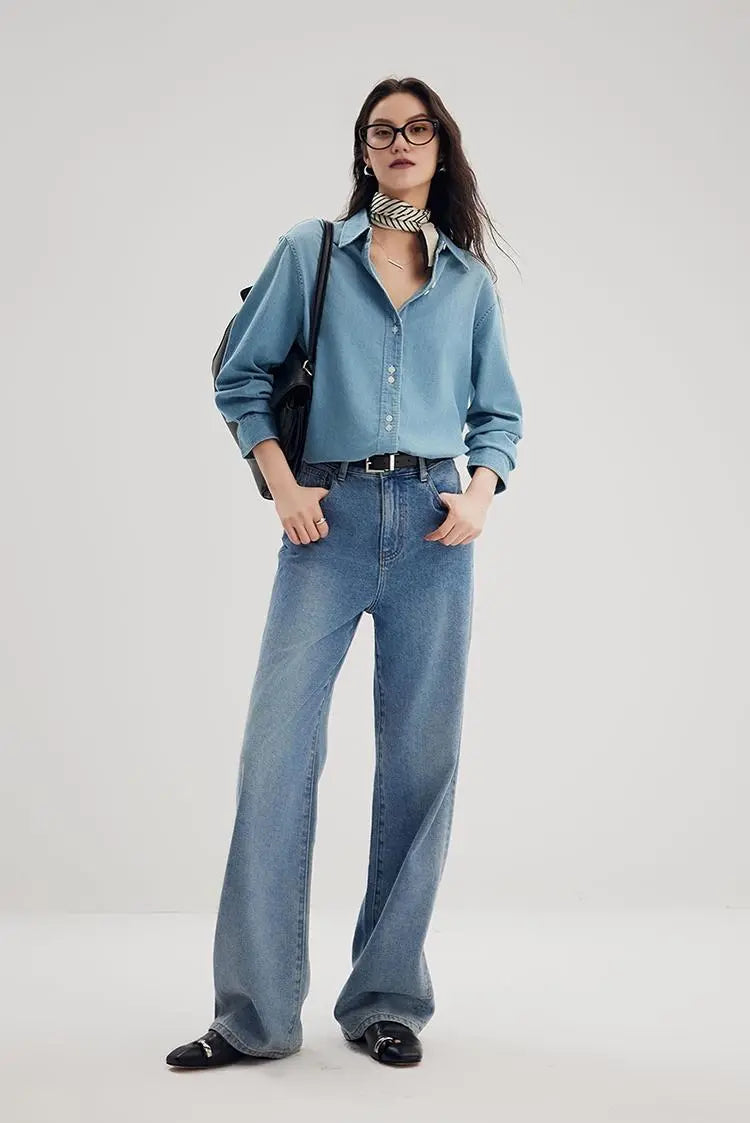 Vintage Washed Denim Shirt with Double Button Design