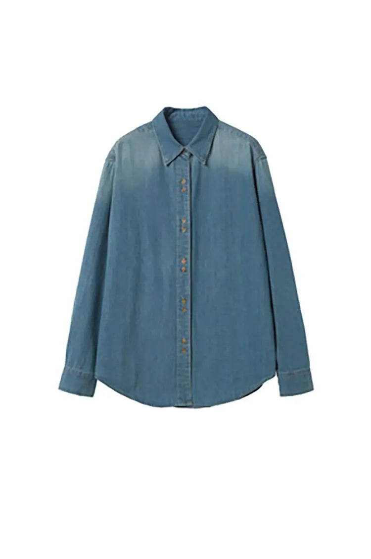 Vintage Washed Denim Shirt with Double Button Design