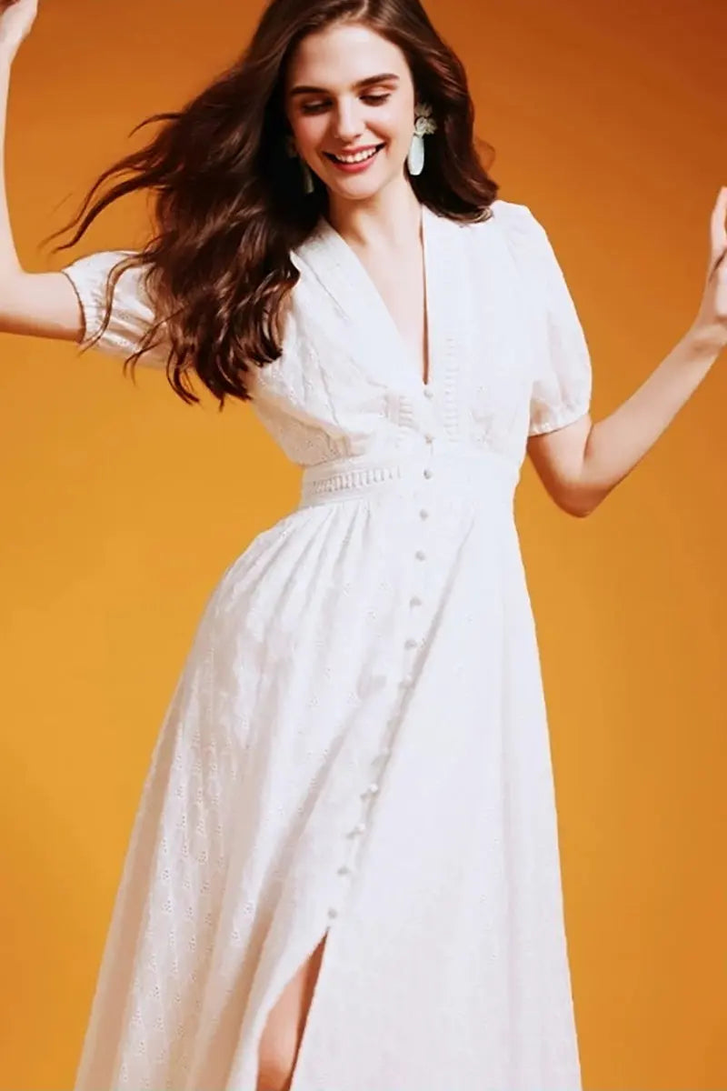 White 100 Cotton Eyelet-Embroidery Puff-Sleeve Midi Tea Dress