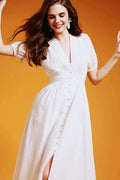 White 100 Cotton Eyelet-Embroidery Puff-Sleeve Midi Tea Dress