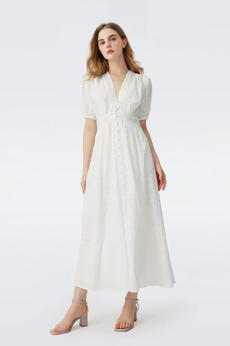 White 100 Cotton Eyelet-Embroidery Puff-Sleeve Midi Tea Dress