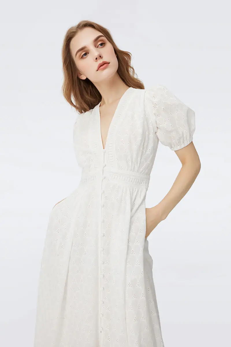 White 100 Cotton Eyelet-Embroidery Puff-Sleeve Midi Tea Dress