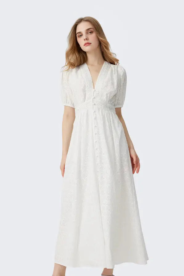 White 100 Cotton Eyelet-Embroidery Puff-Sleeve Midi Tea Dress