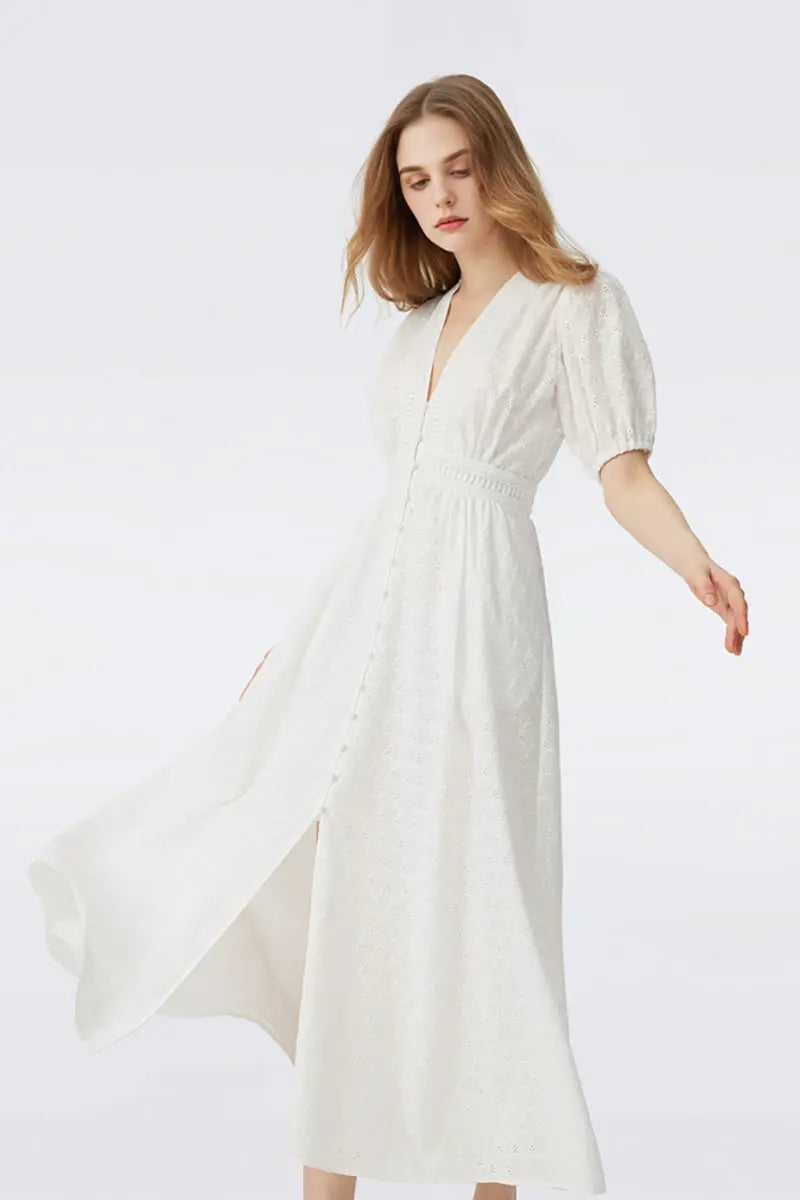 White 100 Cotton Eyelet-Embroidery Puff-Sleeve Midi Tea Dress