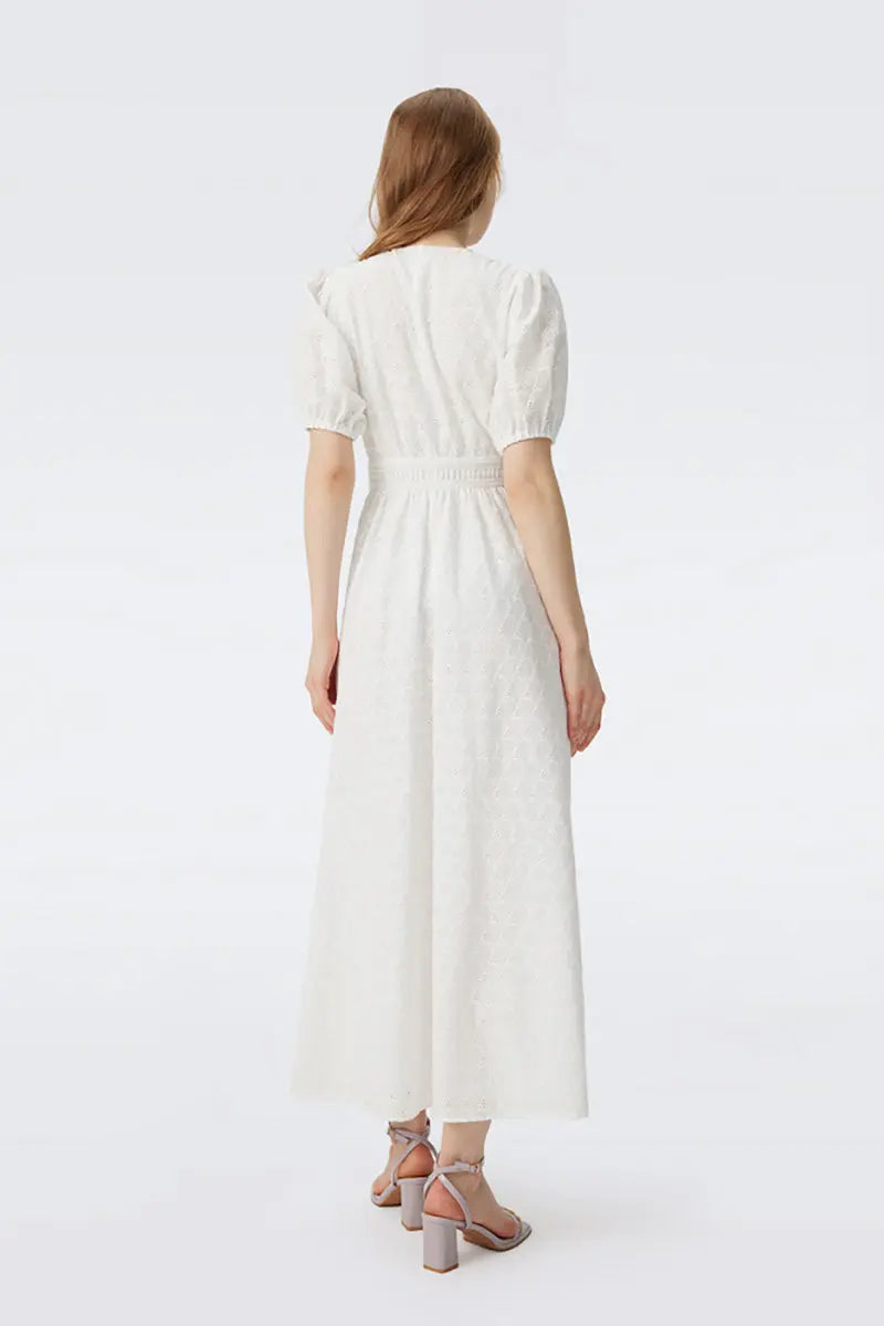 White 100 Cotton Eyelet-Embroidery Puff-Sleeve Midi Tea Dress