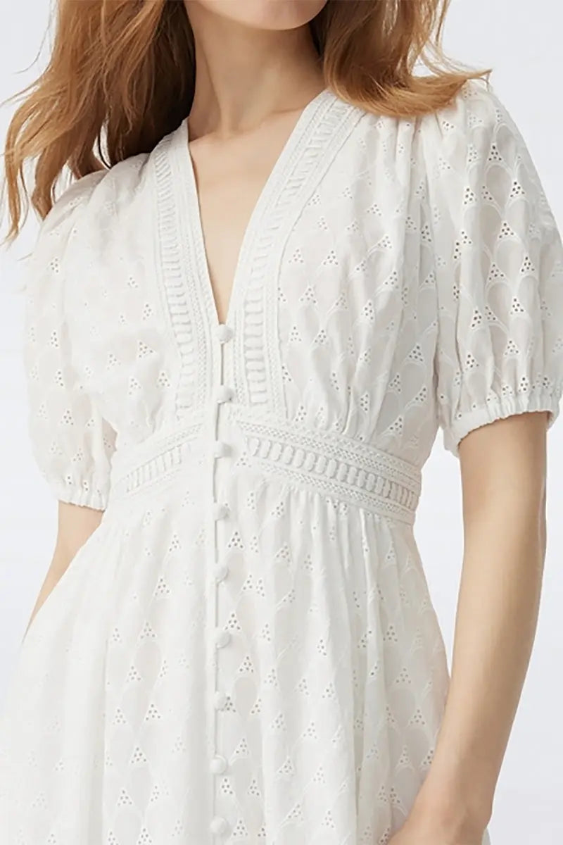 White 100 Cotton Eyelet-Embroidery Puff-Sleeve Midi Tea Dress