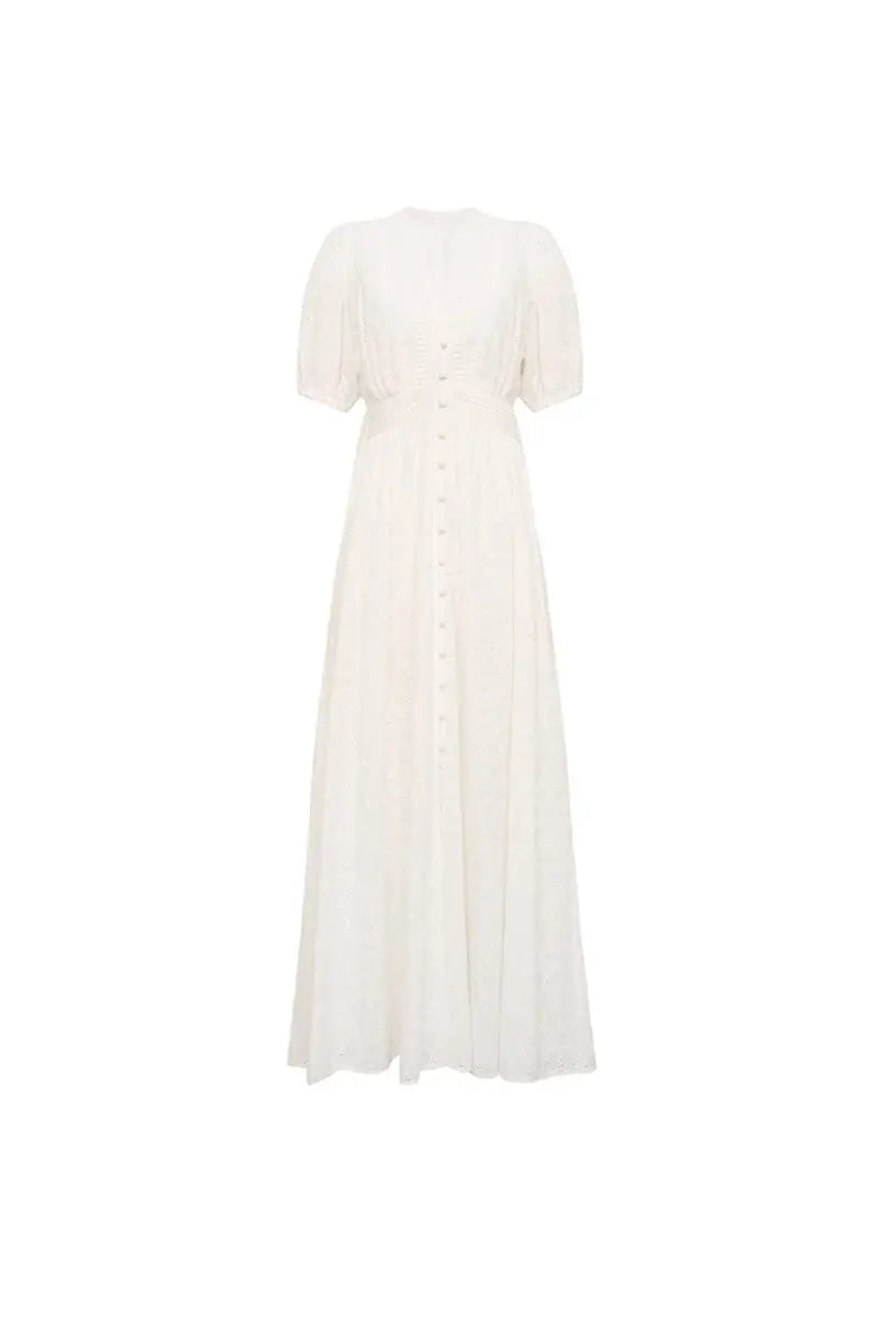 White 100 Cotton Eyelet-Embroidery Puff-Sleeve Midi Tea Dress