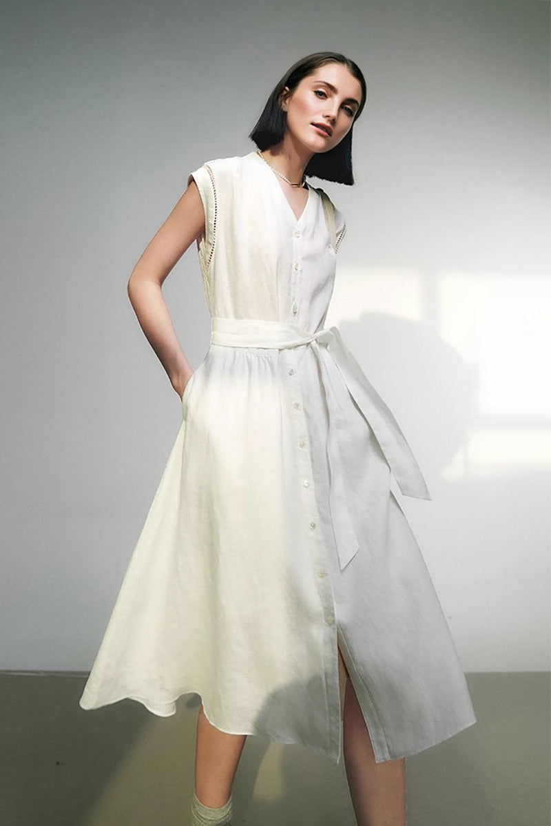 White 100 Linen Cap-Sleeve Button-Front Belted Midi Dress