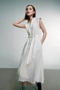White 100 Linen Cap-Sleeve Button-Front Belted Midi Dress