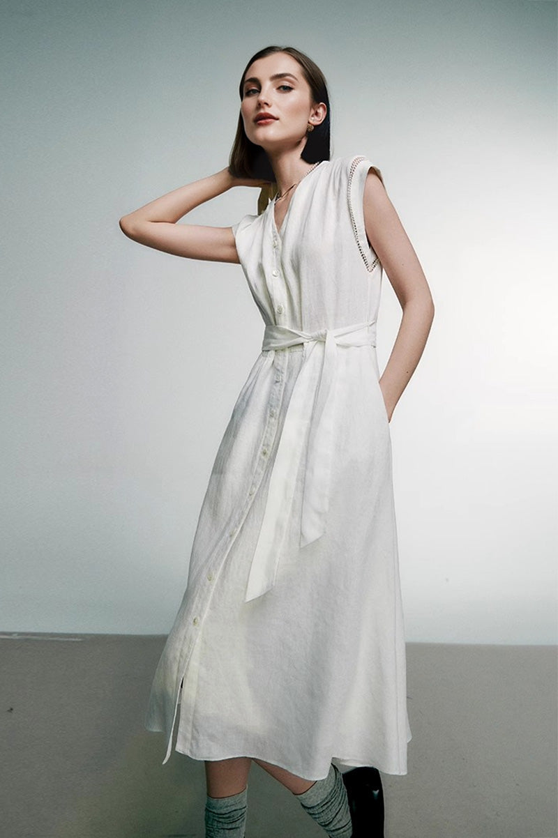 White 100 Linen Cap-Sleeve Button-Front Belted Midi Dress