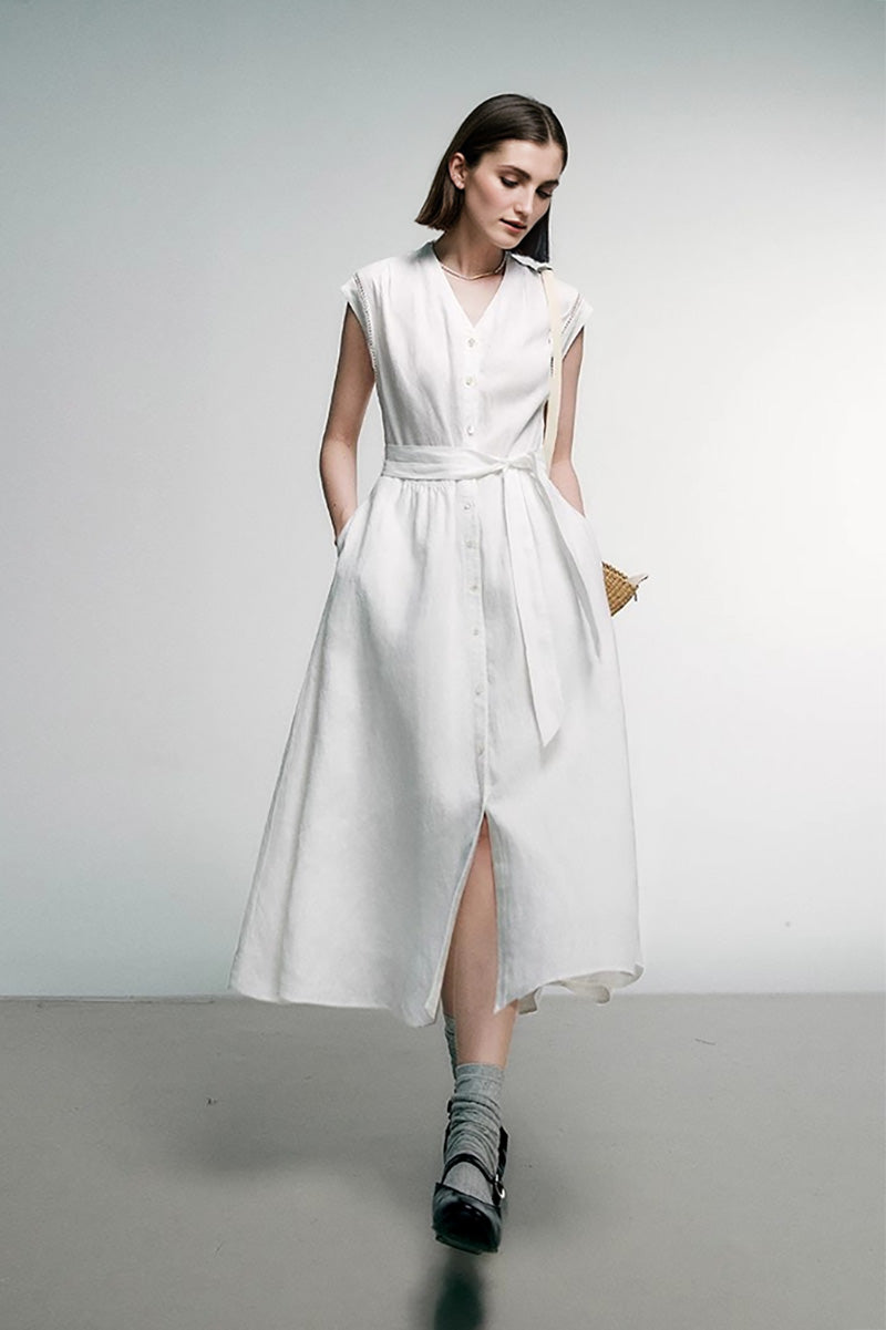 White 100 Linen Cap-Sleeve Button-Front Belted Midi Dress