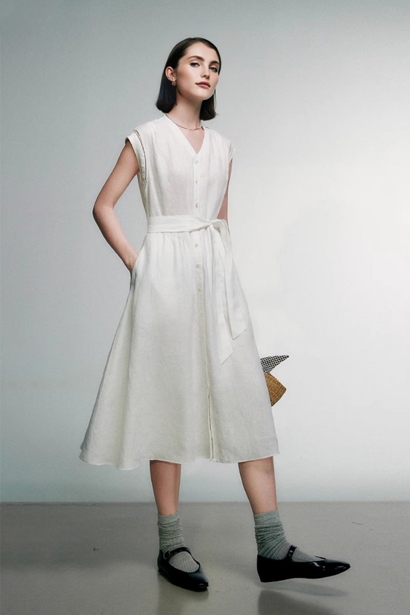 White 100 Linen Cap-Sleeve Button-Front Belted Midi Dress