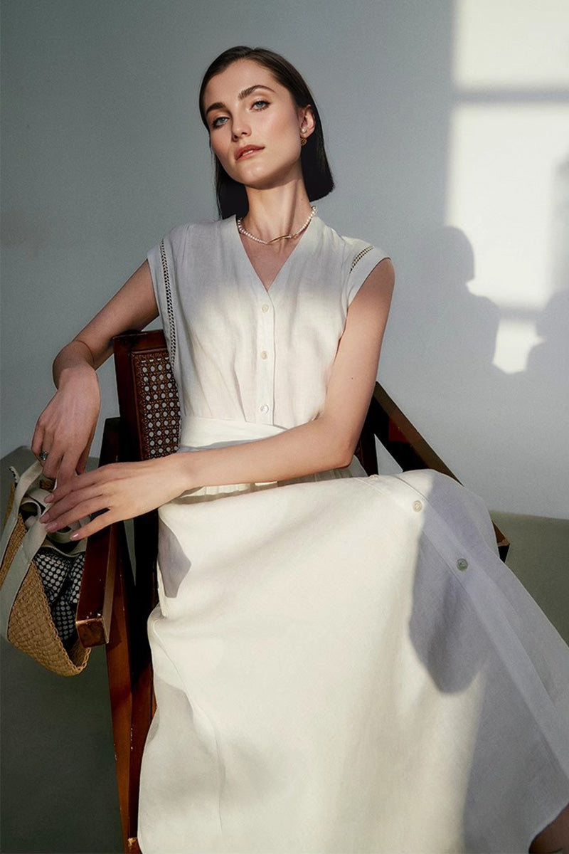 White 100 Linen Cap-Sleeve Button-Front Belted Midi Dress