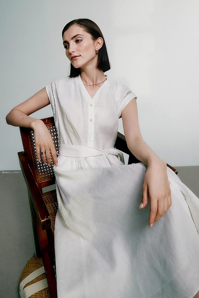 White 100 Linen Cap-Sleeve Button-Front Belted Midi Dress