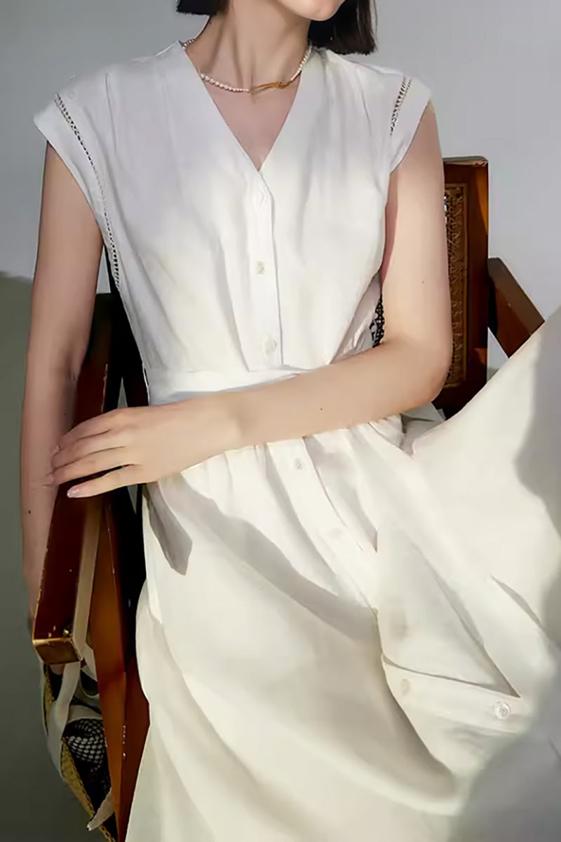 White 100 Linen Cap-Sleeve Button-Front Belted Midi Dress