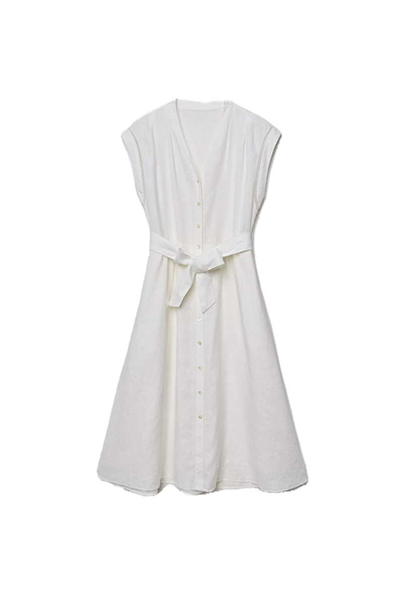 White 100 Linen Cap-Sleeve Button-Front Belted Midi Dress