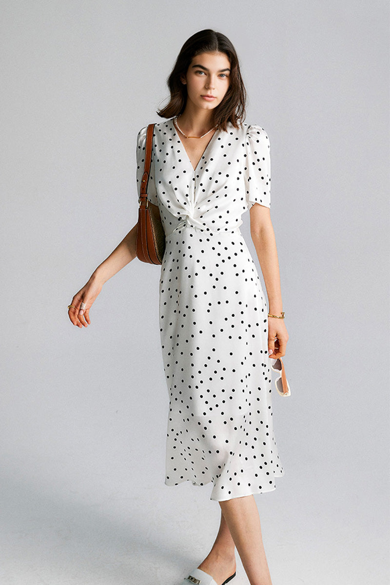 White 100 Silk Crepe-Back Polka Dot Midi Dress