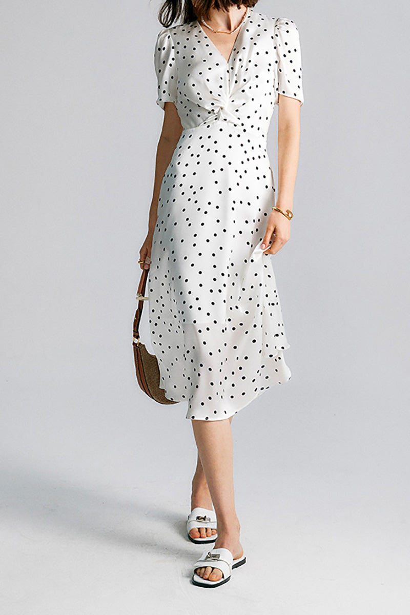 White 100 Silk Crepe-Back Polka Dot Midi Dress