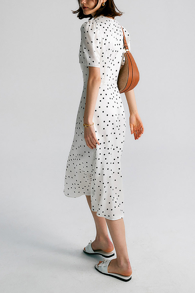 White 100 Silk Crepe-Back Polka Dot Midi Dress