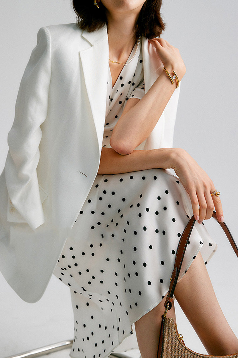White 100 Silk Crepe-Back Polka Dot Midi Dress