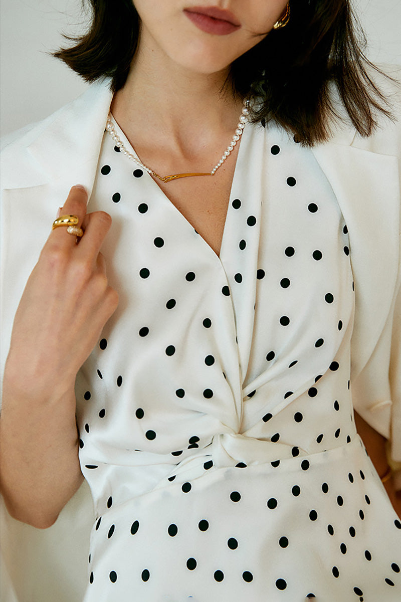 White 100 Silk Crepe-Back Polka Dot Midi Dress