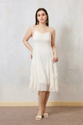 White Chiffon Spaghetti-Strap Ruffled Midi Dress with Lace Trim