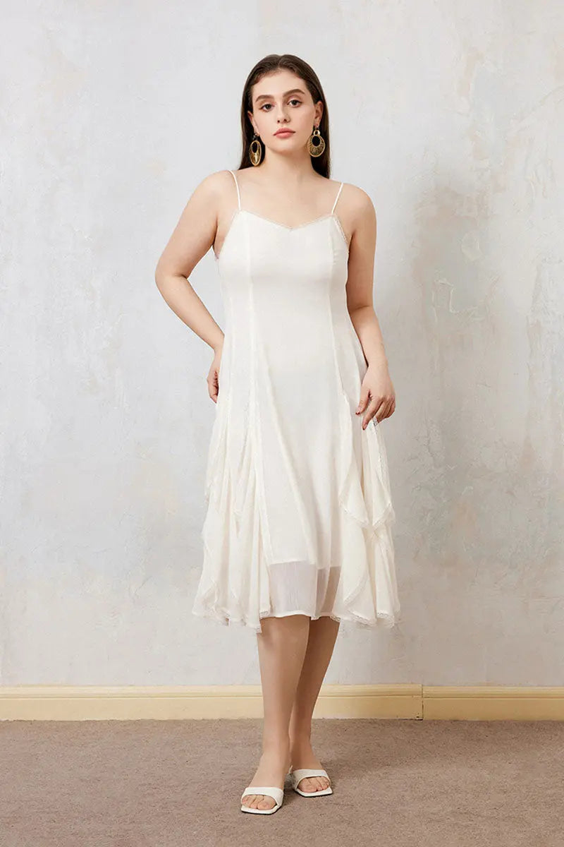 White Chiffon Spaghetti-Strap Ruffled Midi Dress with Lace Trim